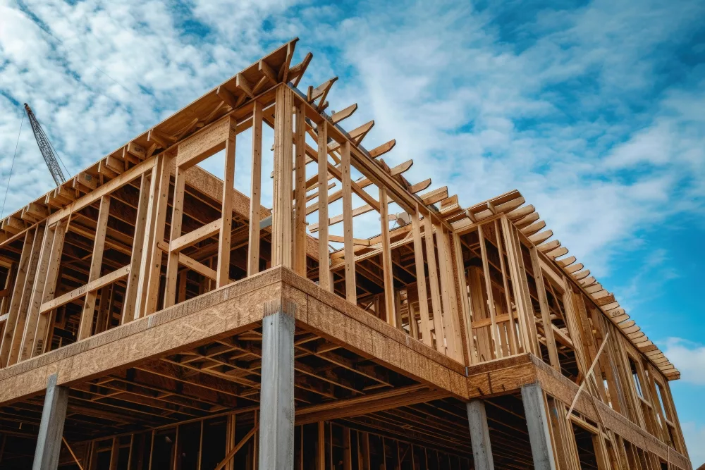 visão de uma construção de casas sendo feita com o material de madeira. Casas de Madeira.