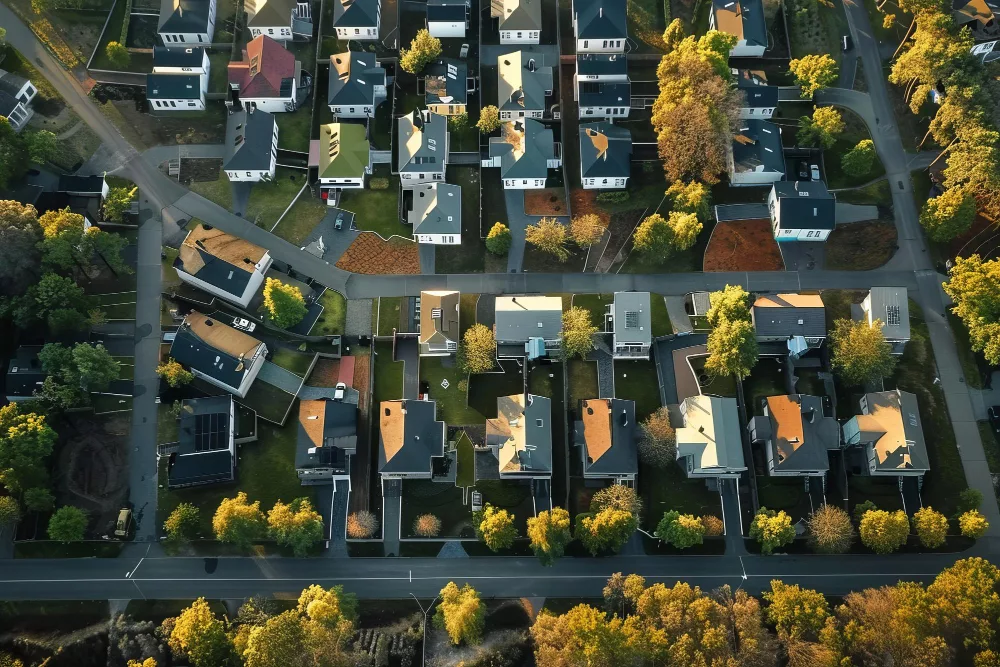 Imagem area das casas americanas em um condomínio